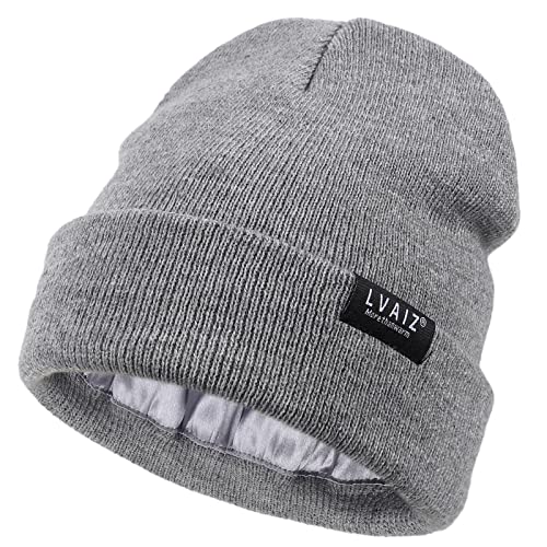Image of Lvaiz Kids Winter Satin Lined Beanie Hats Toddler Warm Cuffed Hat with Silky Lining Children Knitted Watch Hat Grey