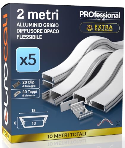 Eurocali 5x Profili Flessibile da 2 metri (10mt) in Alluminio per Strisce LED Copertura Opaca larghezza max striscia led 13-18 x 6