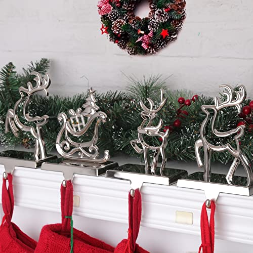 Christmas Stocking Holders For Mantel Set Of 4, 3Pack Reindeer And 1Pack Pine Tree Car Vintage Metal Standing Stocking Hook Silver Sturdy Stockings Hanger For Fireplace Counter Window Decoration #TOP1