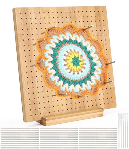 Huifoo Tabla de bloqueo para Granny Square, tabla de bloques de madera hecha a mano, para cuadrados, con 20 pasadores de acero inoxidable y 5 agujas, 1 soporte para proyectos de punto y ganchillo (28