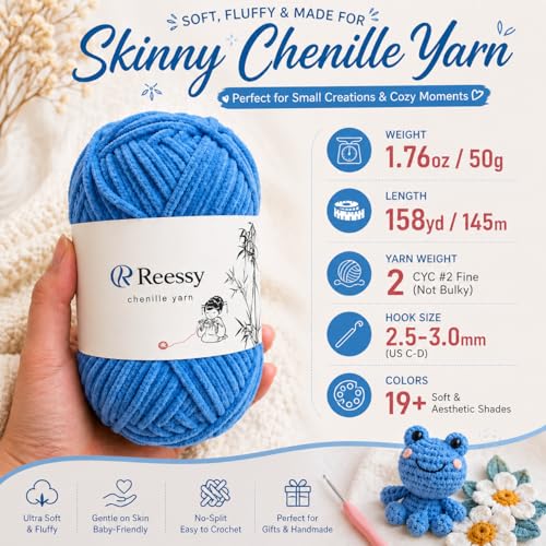 Image of Skinny Chenille Yarn for Crocheting - 6 Pack of 50g /158yd (948yd Total) - Soft Matte Thin Chenille CYC #2 - Fine Weight Baby Yarn for Plush Toys, Baby Blankets & Small Crafts(Navy Blue)