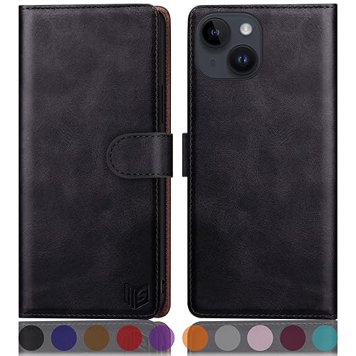 Coque rabat iPhone 15 Plus SUANPOT antichoc noire pour éviter les rayures