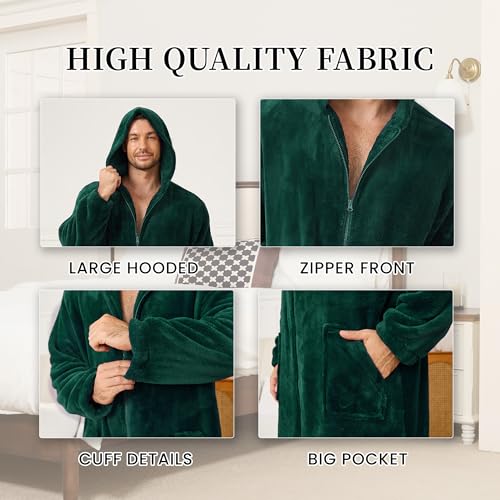 U2SKIIN Men's Plush Fleece Hooded Robe, Soft Warm Long Bathrobe with Pockets, Cozy Spa Shower Robe for Men with Front Zipper3