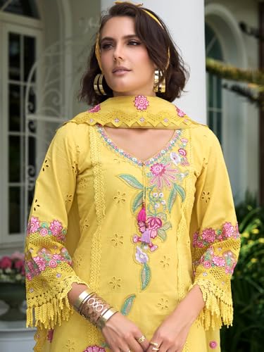 Image of INDO ERA Women's Straight Pure Cotton Floral Embroidered Kurta & Pant with Dupatta Set (IEOUT11423)