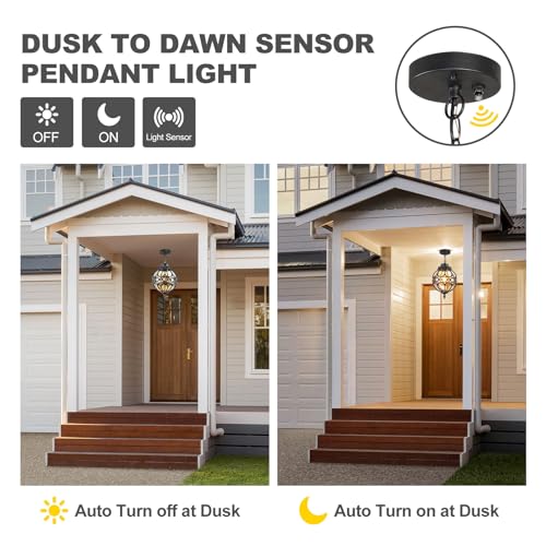 Dusk to Dawn Outdoor Pendant Lighting for Porch, Black Aluminum Anti-Rust Hanging Lights Fixture, Adjustable Globe Outside Lantern Ceiling Mount, Industrial Exterior Chandelier, Amber Glass