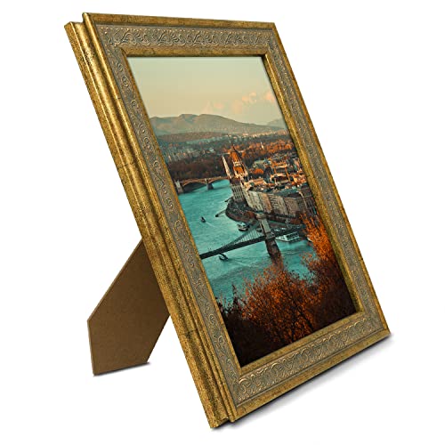 Image of Golden State Art, 8X10 Ornate Finish Photo Frame, Distressed Gold Color, Real Glass