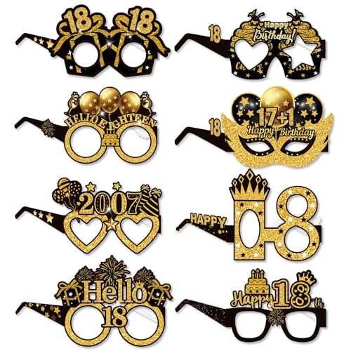 Topfunyy Lot de 8 paires de lunettes en papier pour 18e anniversaire - Pour filles et garçons - Noir et doré - Accessoires photo pour fête d'anniversaire 18e anniversaire