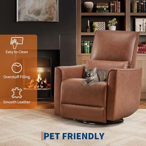 Image of Swivel Rocking Nursery Recliner Chair, Glider Rocker Recliner with High Backrest & Deep Seat, PU Leather Sofa Chair for Nursery, Living Room, Bedroom and Home Theater, Brown