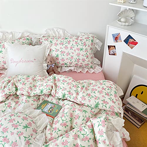 Image of VM VOUGEMARKET Girls Ruffle Bedding Set Twin XL 3 Pieces Pink Flower Duvet Cover Set with Lace Edge-100% Cotton Elegant Princess Style Comforter Cover-68x90 Inch