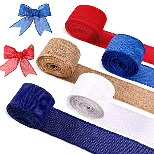5 Roll/30 Yard Independence Wire Edge Ribbon Patriotic Theme Ribbon Blue Red White Ribbon for 4th of July Craft Patriotic Craft Home Decor Wrapping