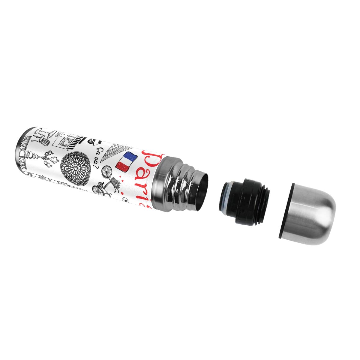 Taza de viaje aislada al vacío de acero inoxidable con doble pared a prueba de fugas, botella de taza con diseño de París, impresión personalizada impresa en piel auténtica, termo de 500 ml