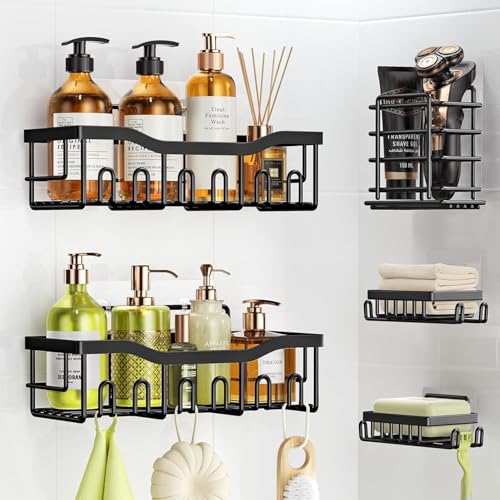 Image of BIRDWING 5 in 1 Self Adhesive Organizer Combo /Racks and Shelves for Wall /Stand for Bathroom Without Drill /Soap Holder for Bathroom with Tooth Brush Holder (Black) Set of 5