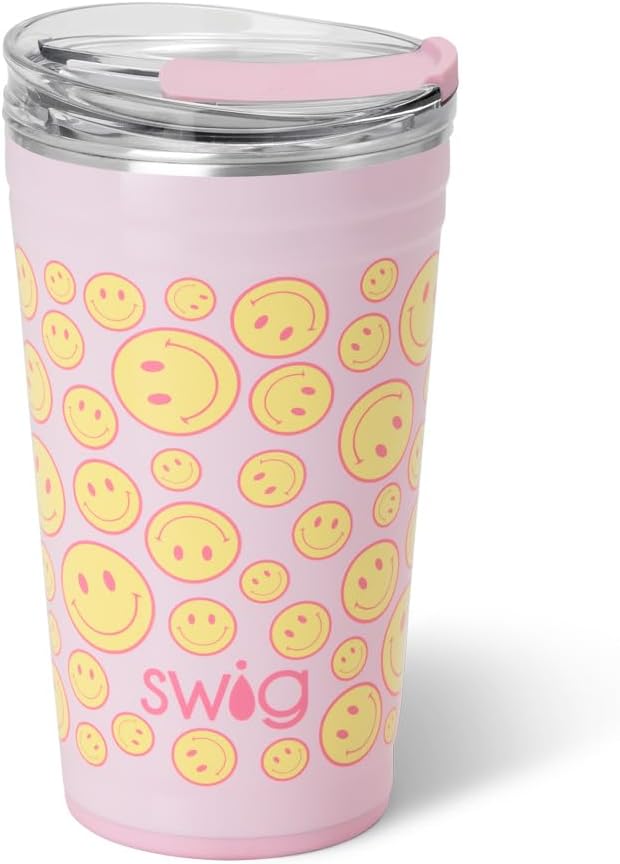 Swig Life 24oz Party Cup, Stackable Insulated Travel Coffee Tumbler with EZ Slider Lid, Cup Holder Friendly, Stainless Steel 24 oz Tumbler, Reusable Coffee Mug (Oh Happy Day)