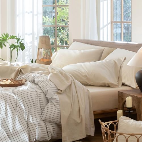 Image of MooMee Sheet Set 100% Washed Cotton Linen-Like Extra Deep Pocket Queen | Relaxed Linen-like Texture. Soft, Breathable & Lightweight Comfort. 15-19 inch Extra Deep Pocket with All-around Elastic