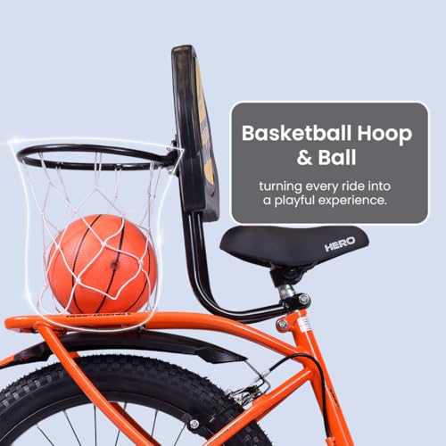 Image of Hero Jumpshot 16T Single Speed Kids Bicycle with Basket, Carrier and Integrated Basketball Kit | Orange-Black | Caliper Brake | 10.5 inch Steel Frame | Rider Height : 3ft 6 inch - 3ft 11 inch | 85% Pre Assembled