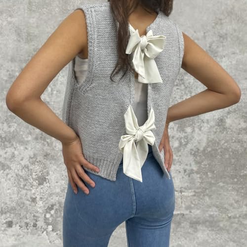 Womens Cute Bow Tie Open Back Cropped Sweater Vest Knit Tank Tops Y2k Girls Sleeveless Cardigan Pullover Shirts4