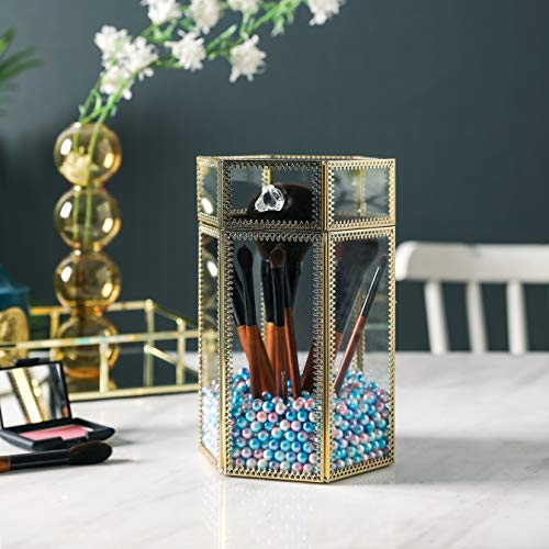 Elegant Makeup Brush Holder, Clear Glass Makeup Organizer, Gold Makeup Brush Storage with Lid, Free Pearls