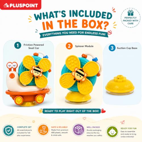 Image of PLUSPOINT Snail-Shaped Friction Powered Spinner Toy for Babies & Toddlers | Colorful Suction Cup Spinner for Window & Bath | Sensory Montessori Activity Toy for Fine Motor Skills
