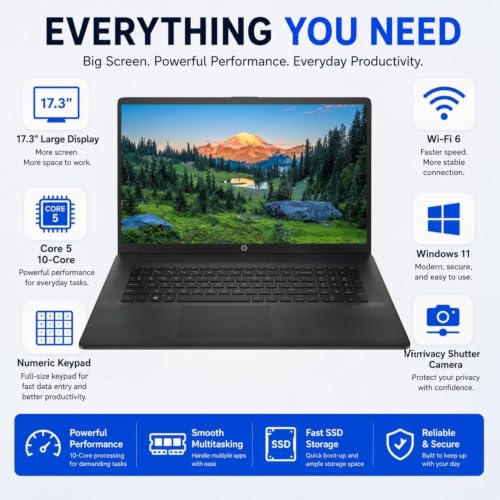 Image of HP 17.3 inch Large Screen Laptop, Intel Core 5 Processor, 8GB RAM, 256GB SSD, 2026 Edition, Full-Size Keyboard with Num Pad, Wi-Fi 6, Windows 11 with Copilot, Comfortable Laptop for Everyday Use