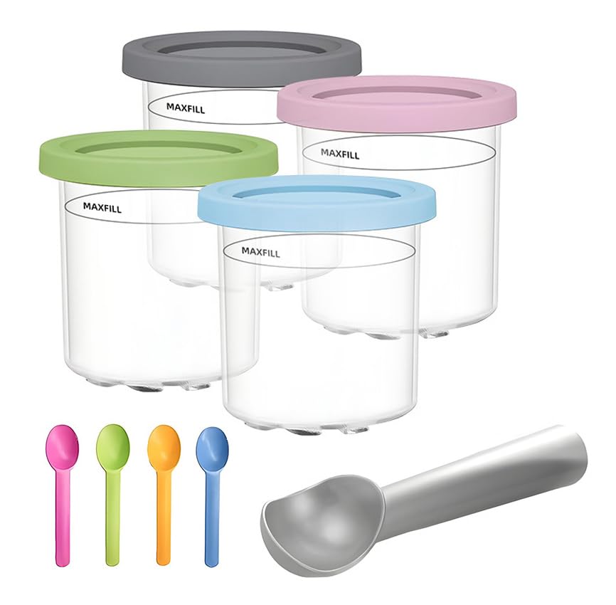 Conjunto de Potes para Sorvete, 4 Recipientes com Tampas Coloridas, Colheres e Acessórios，Adequado Para Fazer Sorvete