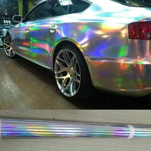 HOMSUN Car Wrap Vinyl Vehicle Self Adhesive Vinyl DIY Decal Camouflage Adhesive PVC Vinyl Film Waterproof Decorative Wrap Sticker Wrapping (Rainbow Holographic, 12 X 36 Inch)