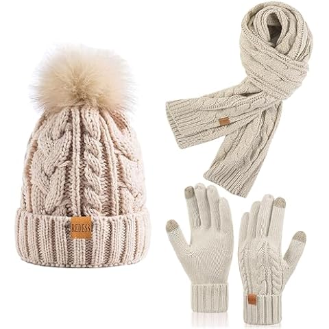 REDESS Womens Winter Knitted Beanie Hat Warm Fleece Lined with Pompom Cap Thick Slouchy Snow Knit Skull Ski Cap Cover
