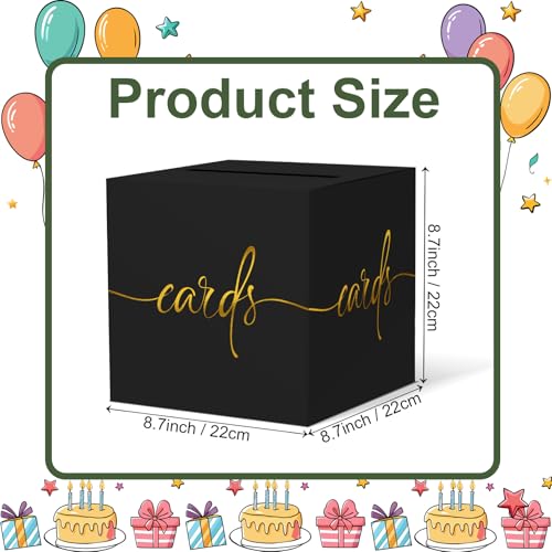 Image of Black Card Box with Gold Foil Design, Paperboard 8.7 inch Card Box for Birthday Wedding Party Graduation Retirement Anniversary Valentine's Day & Baby Showers Halloween, Raffle or Money Box