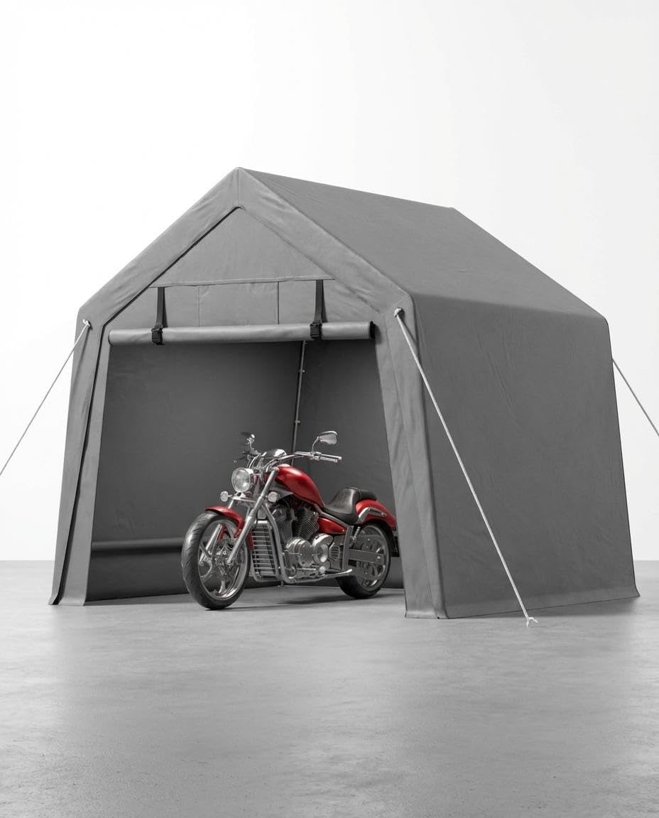 Heavy Duty Outdoor Storage Outdoor Storage Tent – Waterproof & UV-Resistant Garage Shelter with Roll-Up Zipper Doors – Portable Carport for Motorcycle, Bike, Firewood – Grey, 6x6FT