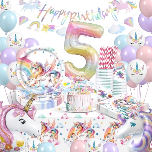 WINAROI Décoration d'anniversaire licorne pour fille de 5 ans, assiettes en carton avec ballons licorne, assiettes en carton, tasses, serviettes, nappe