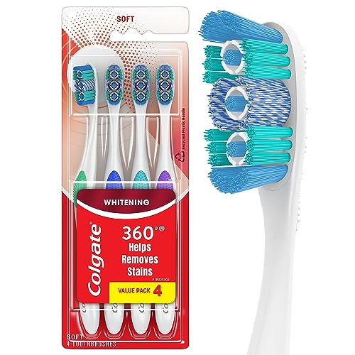 Colgate 360 Optic White Whitening Toothbrush, Adult Soft Toothbrush with Whitening Cups, Helps Whiten Teeth and Removes Odor Causing Bacteria, 4 Pack