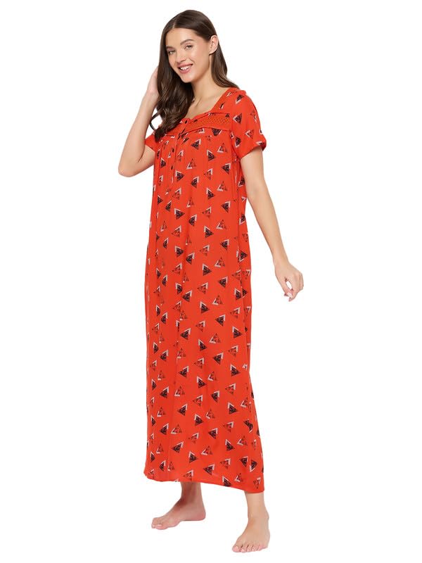 Image of Clovia Women's Rayon Printed Long Night Dress- red