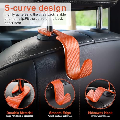 Image of LivTee Car Purse Hook, 4 Pack Universal Auto Seat Headrest Hook Hangers Organizer for Coats, Umbrellas, Groceries - Carbon Fiber Orange