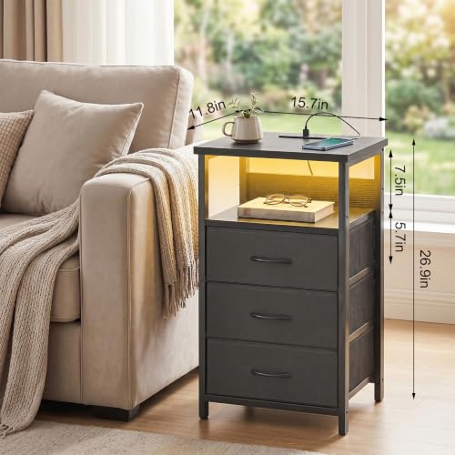 Image of Fixwal Night Stand with 3 Drawers, Black Nightstand with Charging Station