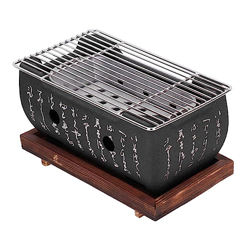 Holdes Barbacoa de carbón de leña a la japonesa | estufa de carbón de leña para barbacoa doméstica con base de madera, parrilla de cocción de carbón de madera cromada 34,5 x 17 x 12 cm para la