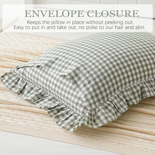 2 Pack Sage Green White Plaid Ruffle Euro Shams Pillow Covers 26x26 inches, 100% Cotton Gingham Checkered Farmhouse Pillowcases for Bed/Sofa (26x26 inches, Sage Green/White Plaid)