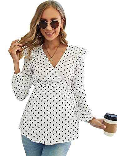 Oyoangle Women's Maternity Top Dot Ruffle Bishop Long Sleeve Wrap V Neck Belted Blouse Pregnancy Clothes White M #TOP10