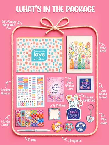 Image of Doodle Magic Moments Gift Hamper for Girls | 16 Cute Goodies with Notebook, Floral Desk Stand, Stickers, Photo Frame, Magnets, Key Ring, Pen, Thoughtful Card, Notecards & Chit Pad | Ready-to-Gift Birthday Hamper | Gift Set for Teens, Best Friends & Sisters
