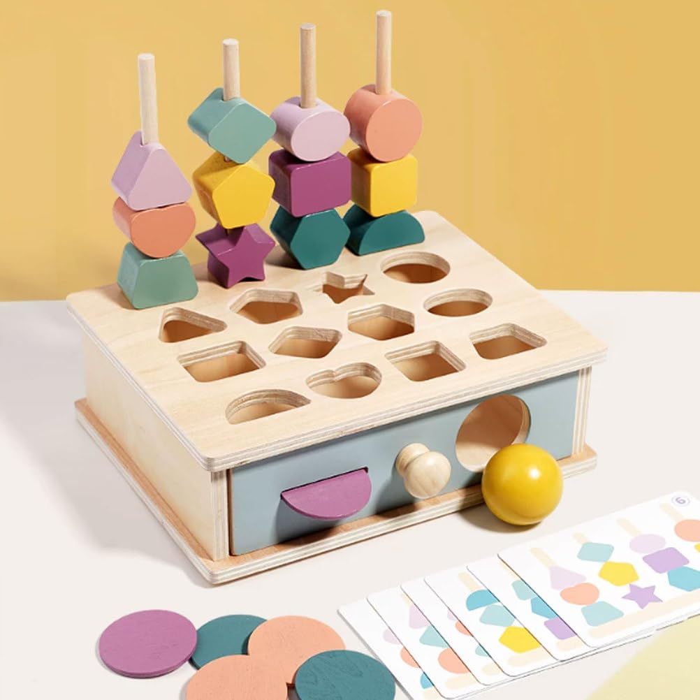 Juguete apilador Montessori Multifuncional de Madera para clasificar Formas | Tablero Clavijas Correspondencia Geométrica con Cajón y Cuentas Enhebrar, Juguete Educativo Reconocimiento