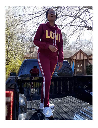 Women's Letter Print 2 Piece Outfits Cowl Neck Long Sleeve Sweatshirt and Pants Set Tracksuit Burgundy X-Large