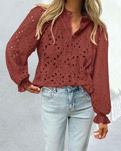 PRETTYGARDEN Women's Dressy Casual Blouse Tops Fall Spring Puff Long Sleeve Button V Neck Hollow Out Lace Embroidered Shirts4
