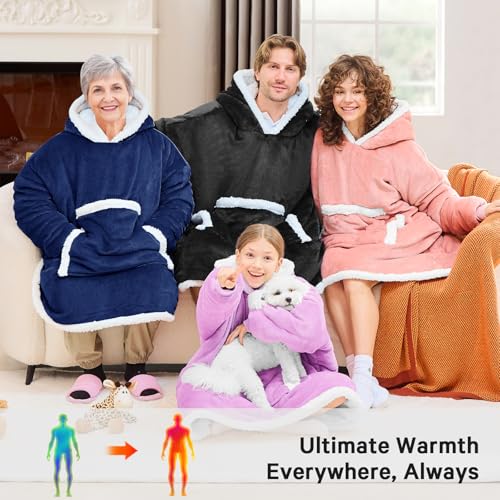 JOYWOO Purple Kids Wearable Blanket Hoodie,Oversized Cat lovers Hoodie Blanket for kids & Teens,Birthday Gifts for Girl Boys,Warm Cozy Fuzzy Sherpa Fleece Sweatshirt Blanket Giant Pocket Gifts,Purple