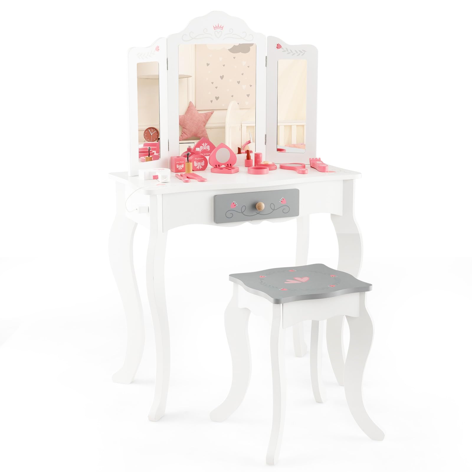 LIFEZEAL 2 in 1 Toeletta con Specchio Rimovibile e Sgabello per Bambini, Tavolo da Trucco in Legno con 10 Giocattoli per Ragazze di 3+ Anni, Portata di 50 kg, Rosa e Bianco (Specchio Triplo)