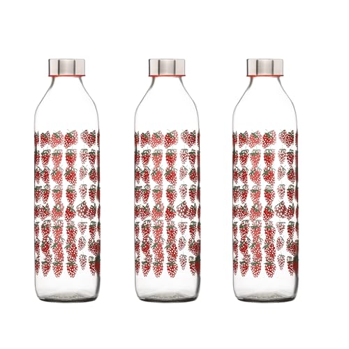 SAND DUNE Set of 3, 800 ml Each Fresh Strawberry Printed Glass water bottle, with Leak-Proof Airtight Stainless-Steel Lid for Water, Smoothie, Juices - Reusable Travel Glass Drinking Fridge Bottles