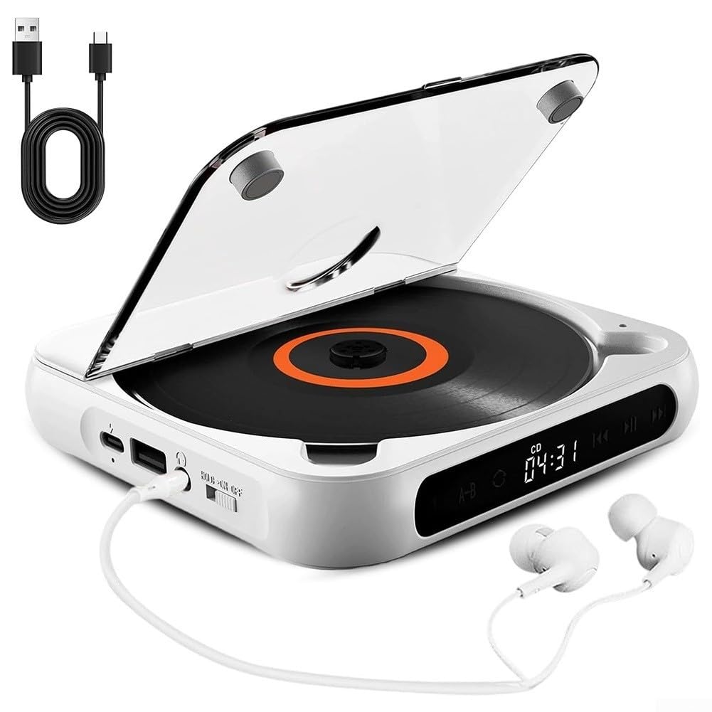 Reproductor de CD portátil con sonido de alta fidelidad, batería recargable, diseño compacto para el hogar, viajes, coche, reproducción inalámbrica y con cable, material ABS, blanco, negro