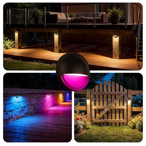 Image of RGB LED Deck Lights Low Voltage Outdoor for Surface Mount | 3W 12-24V AC /DC Wired Color Changing Landscape Lighting for Deck Fence Post Step of Christmas Decorations, Bronze, 12PK