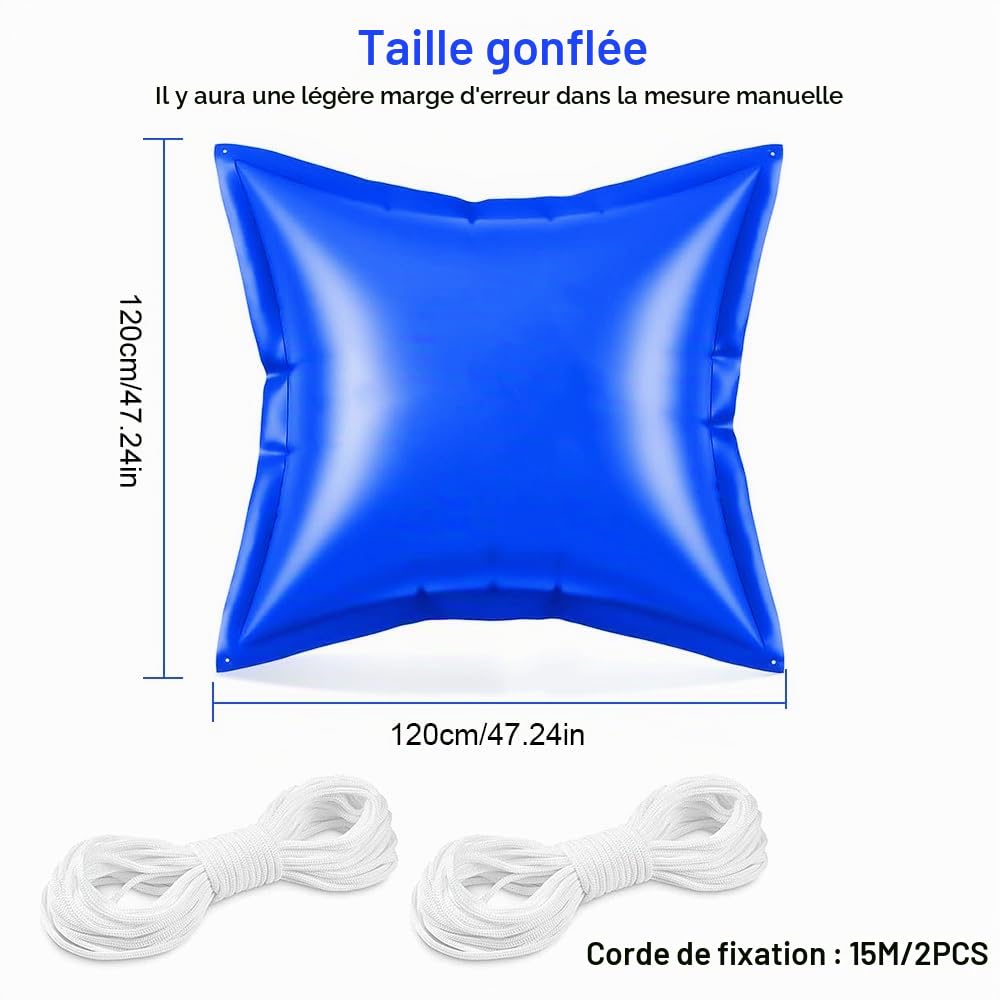 Lot de 2 Coussins d'air de Piscine d'hiver, 120 x 120 cm Coussin Piscine Hivernage avec Corde de Connexion, Facile à Utiliser, pour Piscine Hors Sol