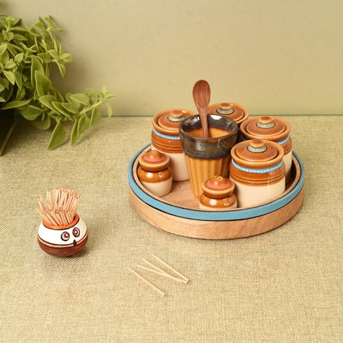 Image of AAKRITI ART CREATIONS Heritage Flavor Kit with Tray | Set of 4 Ceramic Achar ki Barni & Mukhwas Box | Includes Glass, Toothpick Holder, Salt & Pepper Shakers & Spoons