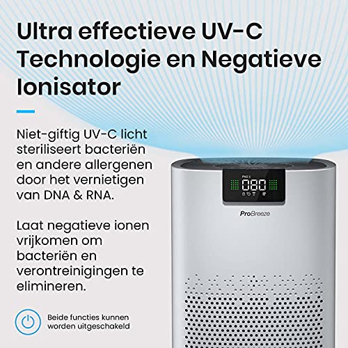 Pro Breeze Luchtreiniger met UV-Reinigend Licht, Ionisator en 3-Laags Filterysteem, Hepa-Luchtreiniger met Slaapstand, 4 Ventilatorsnelheden, Smart Air Quality Sensor, Luchtzuiveraar Cadr 518 m³/u - Afbeelding 5