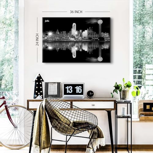 Image of Dallas City Landscape Canvas Wall Art Nature Texas Skyline Wall Decor Night View Pictures for Living Room Black and White Paintings Poster Modern Cityscape Landmarks Photography Prints Artwork 24x36 inch