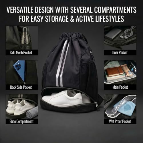 Image of Sports Drawstring Bag Backpack for Men Women - Basketball Bag Gym Backpack Dedicated Shoe Compartment | Waterproof Large Space Gym Bag